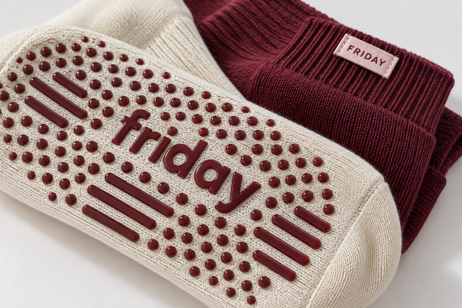 Close-up concept of Friday branding in a custom grip sole and fine knit sock details