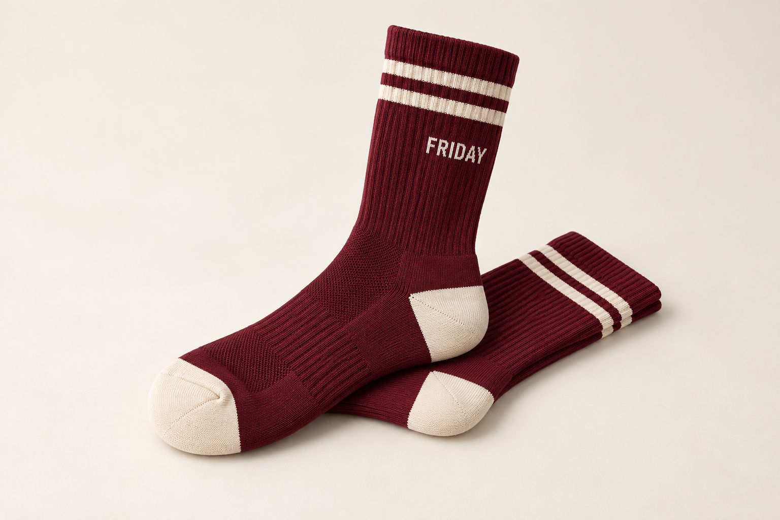 Burgundy Friday sports crew socks with ivory team stripes